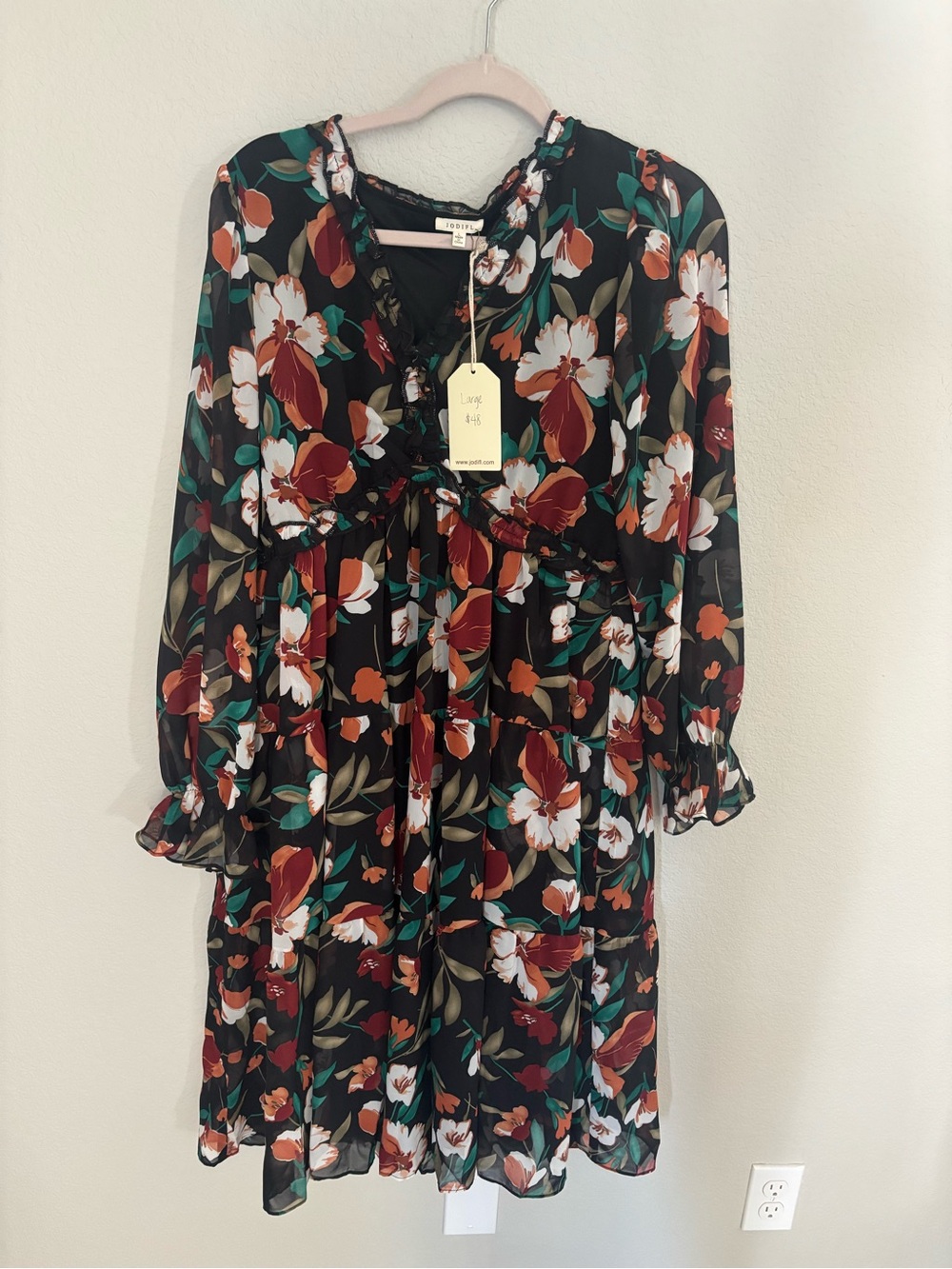 JODIFL Black Floral Long-Sleeve Tiered Dress with Rust & Teal Blooms